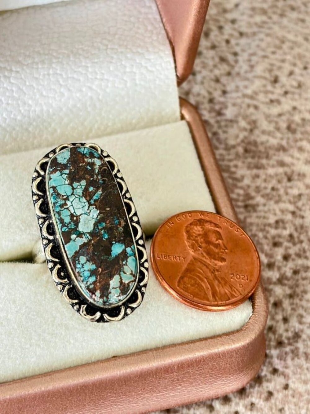 Tibetan Turquoise 925 Silver Plated Statement Ring Oval Boho - Size 6 - Picture 3 of 7